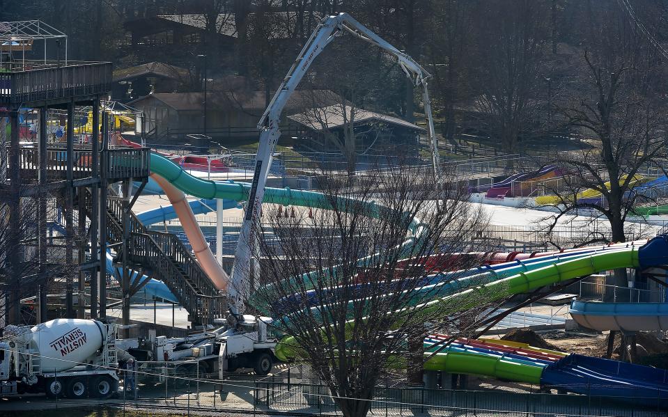 Concrete is poured for the foundation of a new ride being built at Waldameer Park & Water World in Millcreek Township.