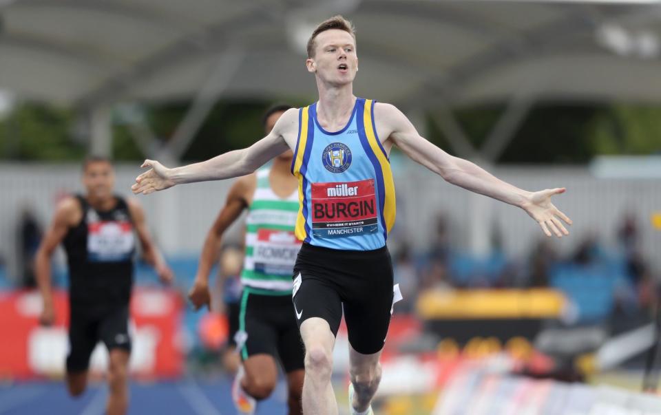 Max Burgin of Halifax Harriers & AC reacts as he crosses the finish line to win the Mens 800m Final during the Muller UK Athletics Championships at Manchester Regional Arena on June 26, 2022 in Manchester, England. - GETTY IMAGES