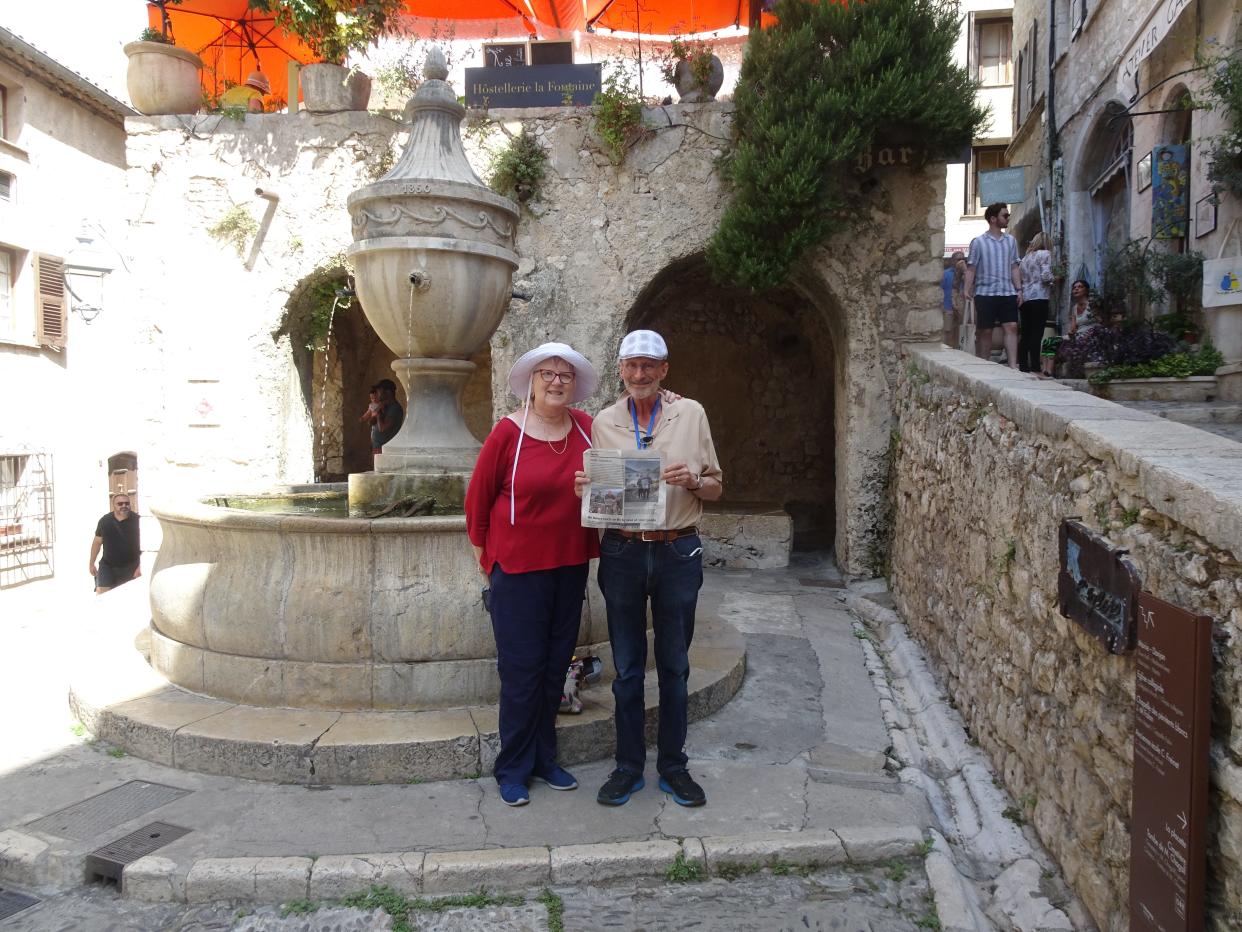 FRANCE
 Jan Lyddon and Bruce McComb of Columbus visit Saint-Paul de Vence, a medieval village near Nice, France. It is where Marc Chagall returned and lived out his days after WWII. They recommend visitors take time to visit the art galleries, but remember to wear shoes that allow easy walking on the hilly terrain.