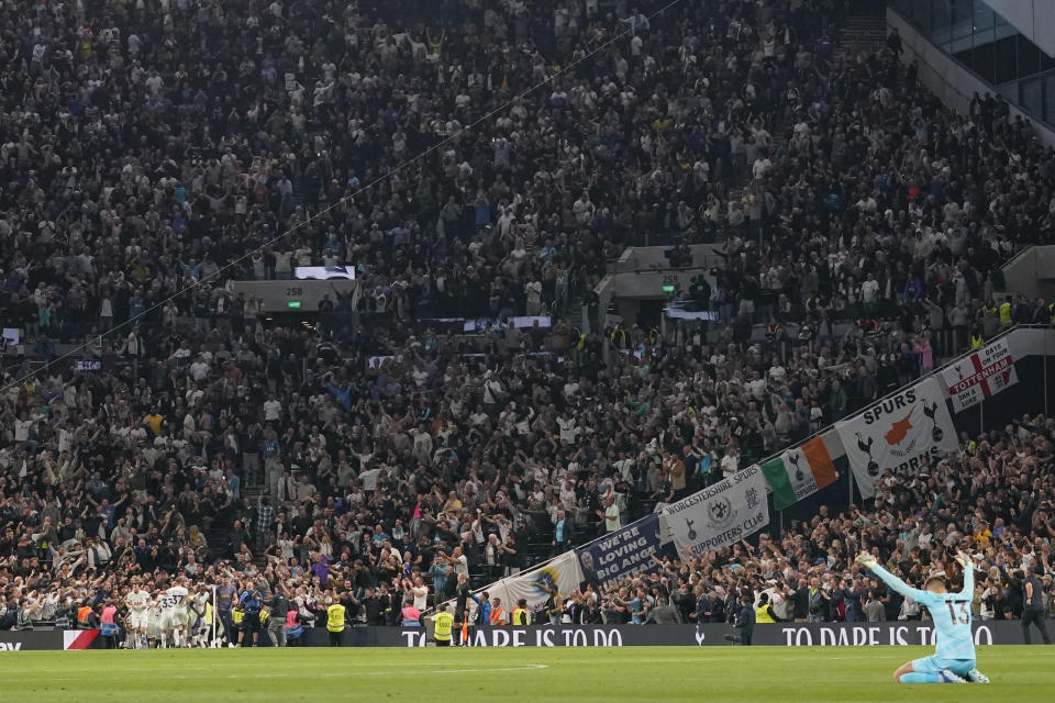 Players of Tottenham celebrate after Liverpool's Joel Matip scored an own goal during the English Premier League soccer match between Tottenham Hotspur and Liverpool at the Tottenham Hotspur Stadium, in London, England, Saturday, Sept. 30, 2023. (AP Photo/Alberto Pezzali)