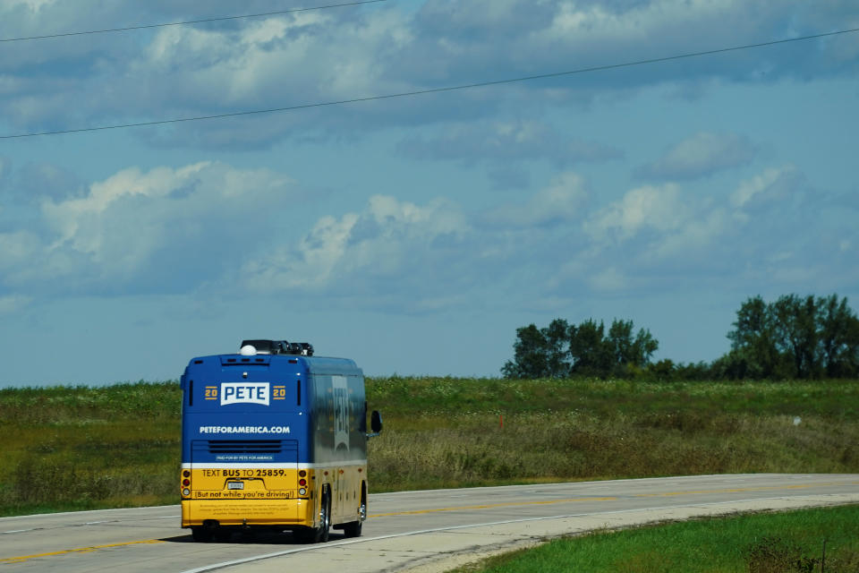 The campaign bus for Pete Buttigieg, South Bend Mayor and Democratic presidential hopeful, is seen on a road near Elkader, Iowa, U.S. September 23, 2019.   REUTERS/Elijah Nouvelage