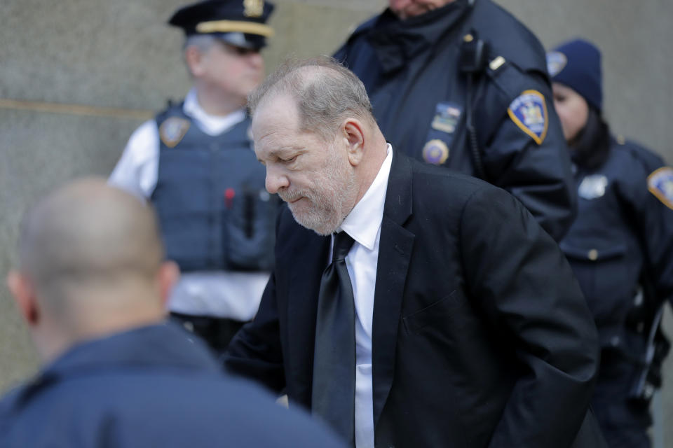 Harvey Weinstein leaves a Manhattan courthouse during a break in the jury selection for his trial on rape and sexual assault charges in New York, Thursday, Jan. 16, 2020. (AP Photo/Seth Wenig)