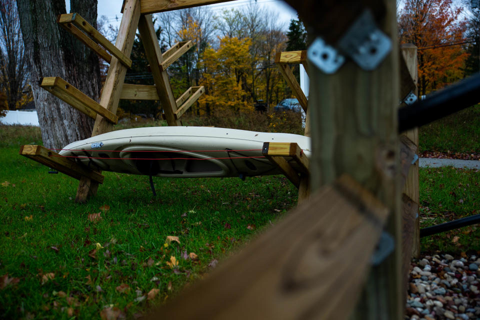 Kayaks sit on the shoreline of the south side kayak launch and park, located at 1671 South Shore Drive, Holland. Park Township leaders will ask residents to vote on a name for the park.