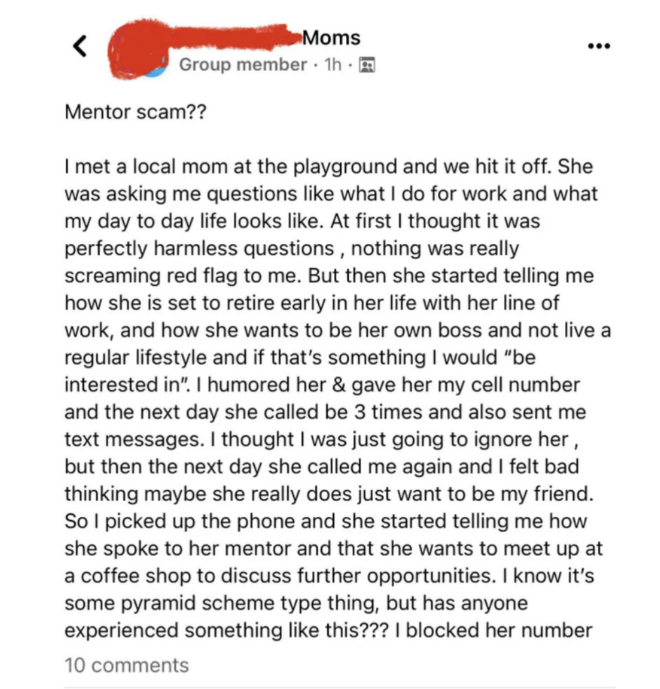 A mom met a fellow mom on the playground, gave her phone number, then got called the next day, with her new friend saying she wanted to introduce her to her mentor