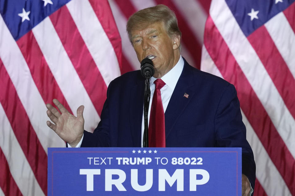 FILE - Former President Donald Trump speaks as he announces a third run for president, at Mar-a-Lago in Palm Beach, Fla., Tuesday, Nov. 15, 2022. A special grand jury investigating whether then-President Donald Trump and his allies illegally tried to overturn his defeat in the 2020 election in Georgia appears to be wrapping up its work, but many questions remain. The investigation is one of several that could result in criminal charges against the former president as he asks voters to return him to the White House in 2024. (AP Photo/Rebecca Blackwell, File)