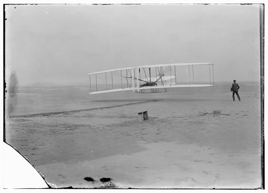 Famous photo of the First Flight, taken by North Carolinian John T. Daniels. (Courtesy Library of Congress)
