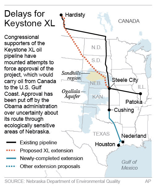 Map shows the proposed Keystone pipeline route; 2c x 4 inches; 96.3 mm x 101 mm;