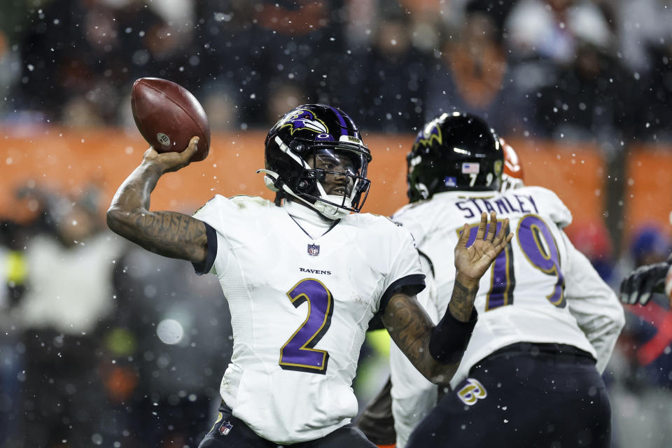 Baltimore Ravens quarterback Tyler Huntley throws a pass during the second half of an NFL football game against the Cleveland Browns, Saturday, Dec. 17, 2022, in Cleveland. (AP Photo/Ron Schwane)