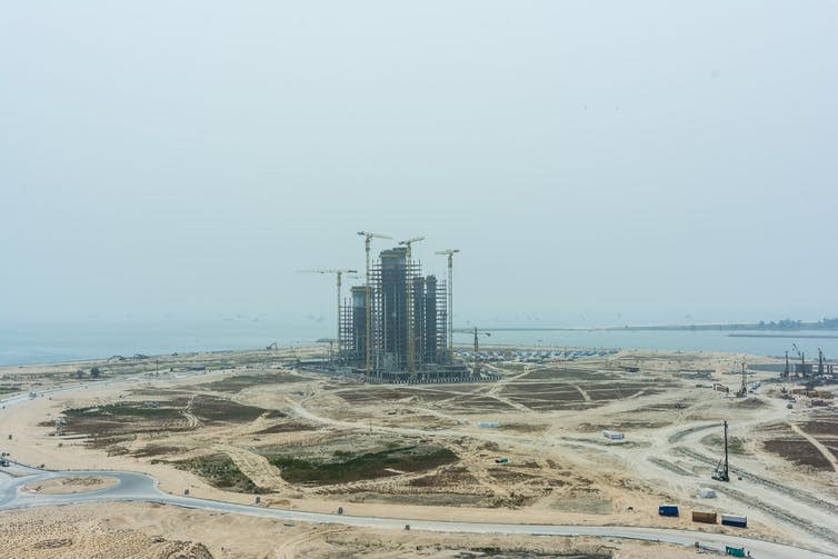 <span class="caption">Eko Atlantic City, land reclamation project in Lagos, Nigeria.</span> <span class="attribution"><a class="link " href="https://www.shutterstock.com/download/confirm/1162432375?src=hs2wXTba3Jsgn0OttbF4Kw-1-0&size=huge_jpg" rel="nofollow noopener" target="_blank" data-ylk="slk:Shutterstock;elm:context_link;itc:0;sec:content-canvas">Shutterstock</a></span>