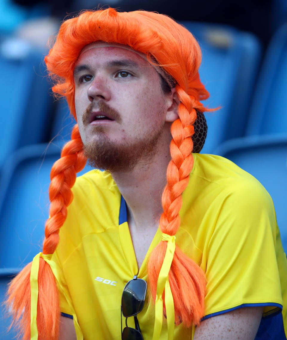 A fan enjoys the atmosphere prior to the 2019 FIFA Women's World Cup France group F match between Sweden and USA at Stade Oceane on June 20, 2019 in Le Havre, France. (Photo by Alex Grimm/Getty Images)