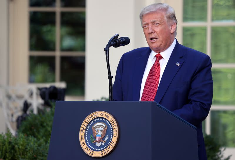 U.S. President Donald Trump attends a news conference in the Rose Garden at the White House in Washington