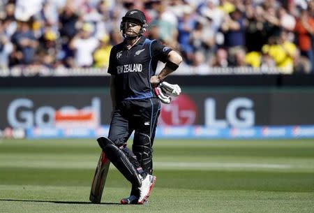 New Zealand's captain Brendon McCullum reacts as he walks off the field after being bowled for a duck by Australia's Mitchell Starc during their Cricket World Cup final match at the Melbourne Cricket Ground (MCG) March 29, 2015. REUTERS/Jason Reed