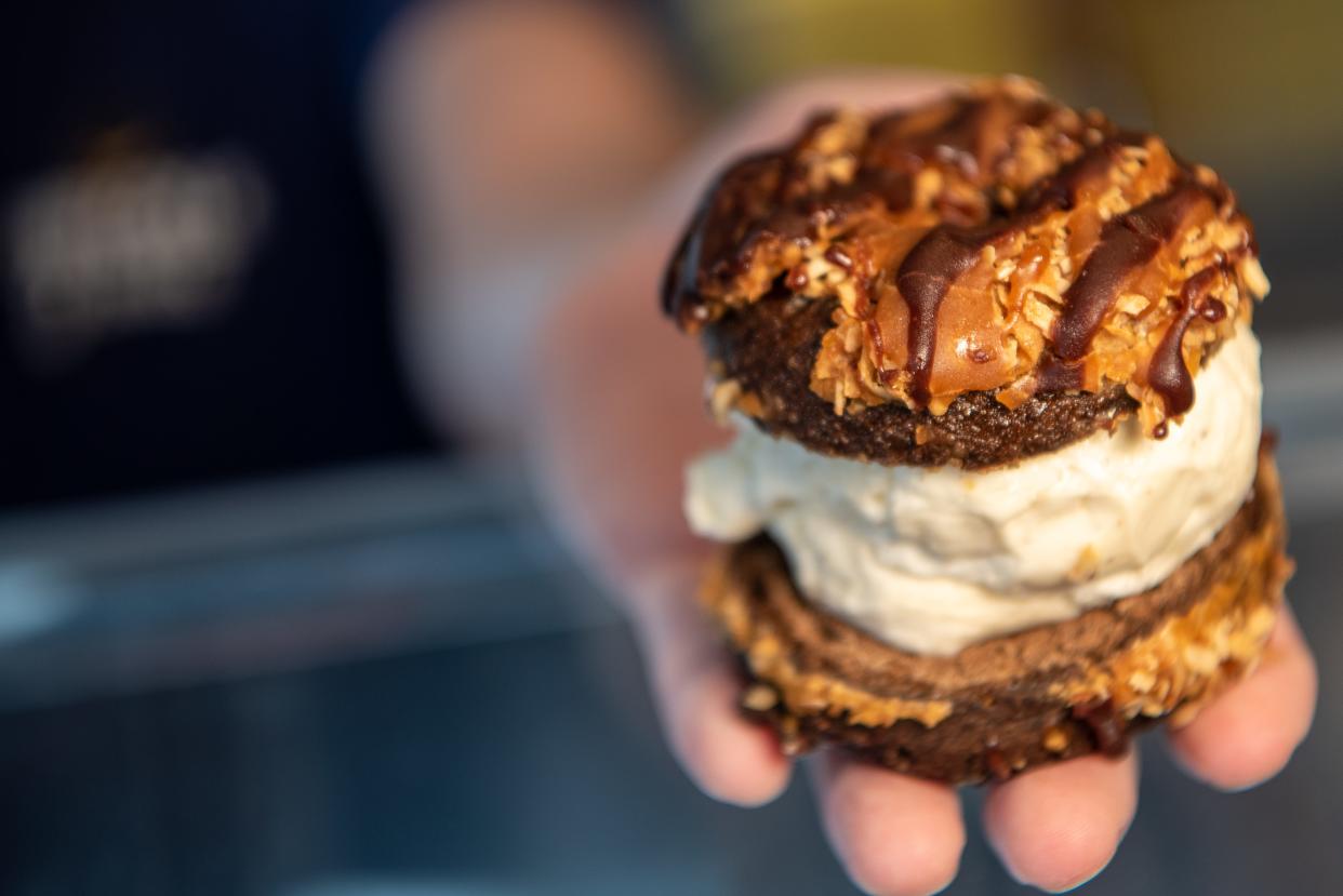 An ice cream sandwich made with a samosa donut at D'Ercole Donuts in Northvale on Tuesday August 17, 2021. 