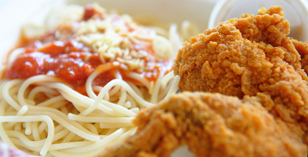 breakfast at a philippine mcdonalds: mcdo (fried chicken) and spaghetti