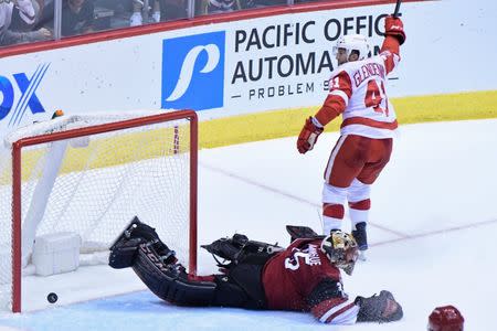 Oct 12, 2017; Glendale, AZ, USA; Detroit Red Wings center Luke Glendening (41) celebrates after scoring a shorthanded goal on Arizona Coyotes goalie Louis Domingue (35) during the third period at Gila River Arena. Matt Kartozian-USA TODAY Sports