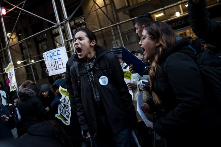 Immigrants and their supporters rally outside the Varick Street Federal Immigration Court during a protest against recent Immigration and Customs Enforcement (ICE) raids, on Feb. 16, 2017 in New York City. (Photo: Drew Angerer/Getty Images)