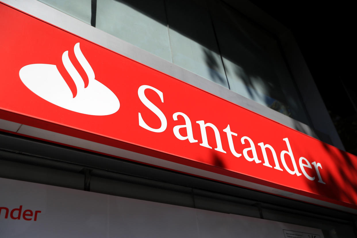 A detail view of Santander bank signage in Madrid