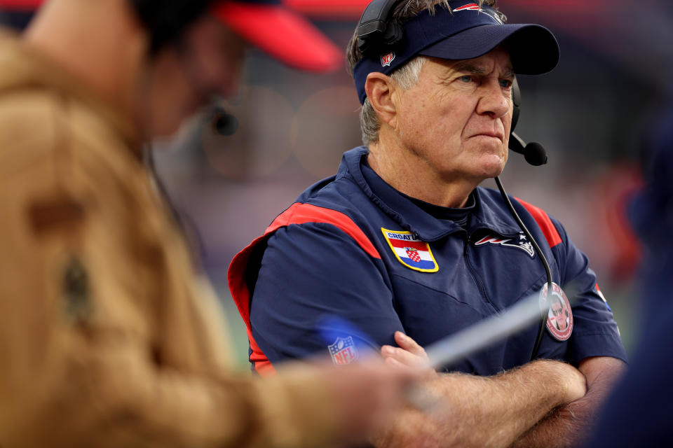 Bill Belichick's latter-stage Patriots tenure has cascaded into the worst record in the AFC and a talent-barren roster, all overseen by the longtime head coach and general manager. (Photo by Maddie Meyer/Getty Images)