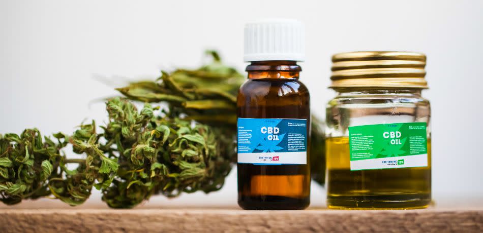 CBD oil sitting on a table beside marijuana buds