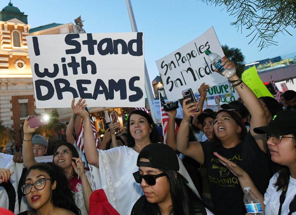 Immigrants and supporters on Sept. 10 chant during a “We Rise for the Dream” rally on the Las Vegas Strip to oppose President Trump’s order to end DACA. (Photo by Ethan Miller/Getty Images)