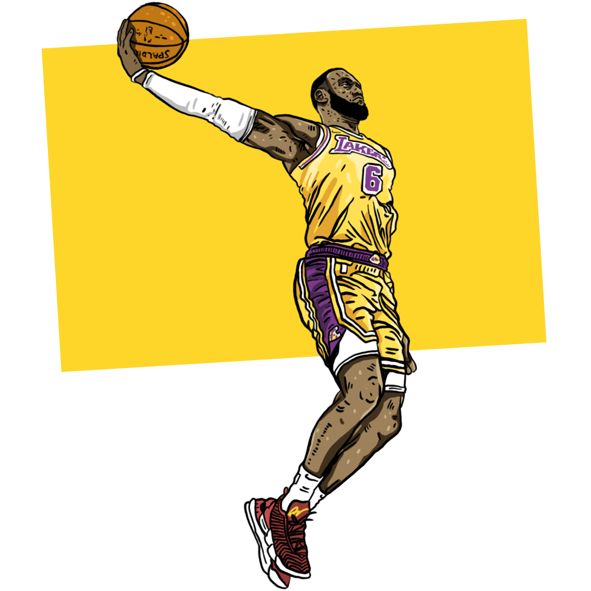 Illustration of LeBron James in a yellow #6 jersey jumping up with a ball in his right hand.