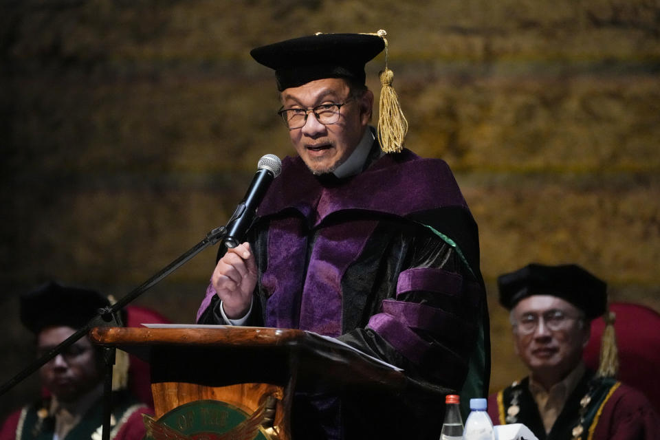 Malaysia's Prime Minister Anwar Ibrahim answers questions after his lecture at the University of the Philippines where he was conferred a Doctor of Laws degree, honoris causa in Quezon city, Philippines on Thursday March 2, 2023. (AP Photo/Aaron Favila)