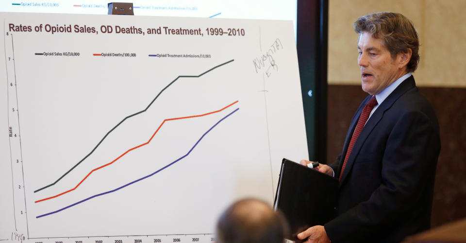 Defense attorney Larry Ottaway speaks during opening arguments on the first day of a trial of Johnson & Johnson over claims they engaged in deceptive marketing that contributed to the national opioid epidemic in Norman, Oklahoma, U.S. May 28, 2019. Sue Ogrocki/Pool via REUTERS