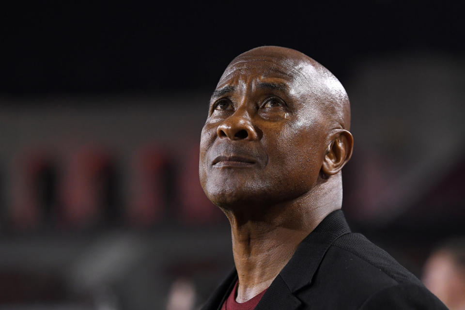 University of Southern California athletic director Lynn Swann watches during the first half of an NCAA college football game against Fresno State Saturday, Aug. 31, 2019, in Los Angeles. (AP Photo/Mark J. Terrill)