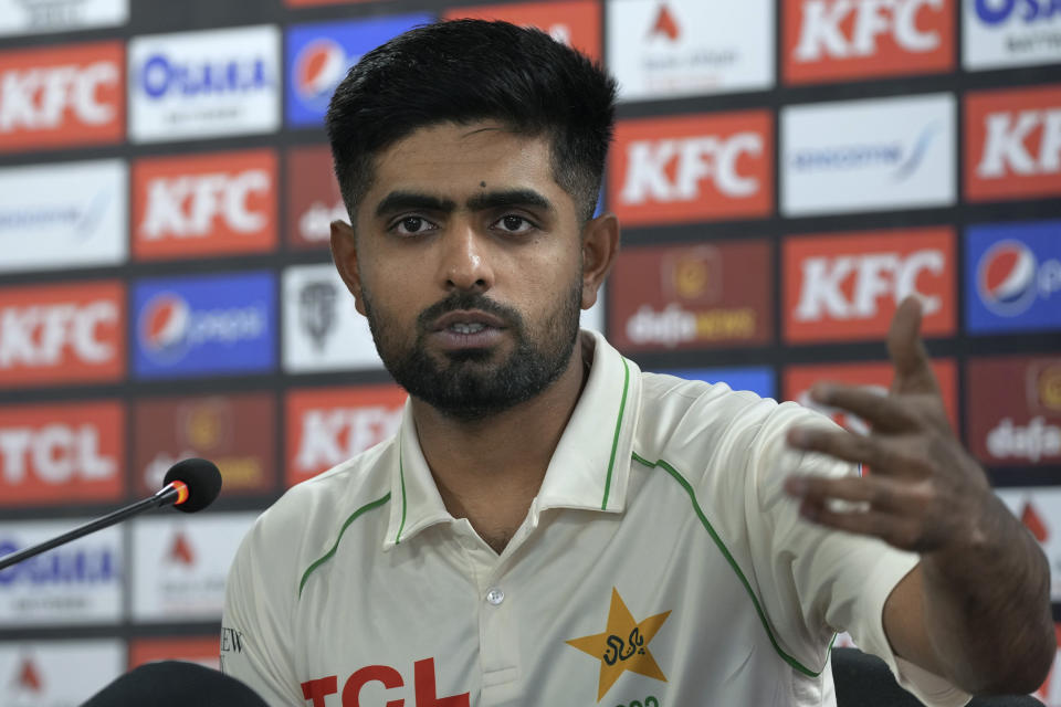 Pakistan's skipper Babar Azam, speaks during a press conference, in Karachi, Pakistan, Sunday, Dec. 25, 2022. (AP Photo/Fareed Khan)