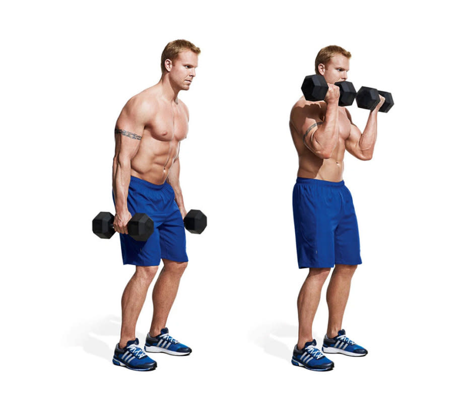 How to Do It:<ol><li>Stand with feet shoulder-width apart (or slightly narrower) with arms extended at sides, dumbbells hanging at either side of your body, palms facing one another. </li><li>Maintain this neutral grip as you curl the dumbbells straight up, pause and squeeze your biceps at the top, then lower back down. That's 1 rep.</li></ol>