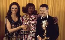 <p>Tony Randall, Flip Wilson, and Valerie Harper pose together in the Emmy press room. They won for their roles in <em>The Odd Couple</em>, <em>The Flip Wilson Show</em>, and <em>Rhoda</em>, respectively. </p>