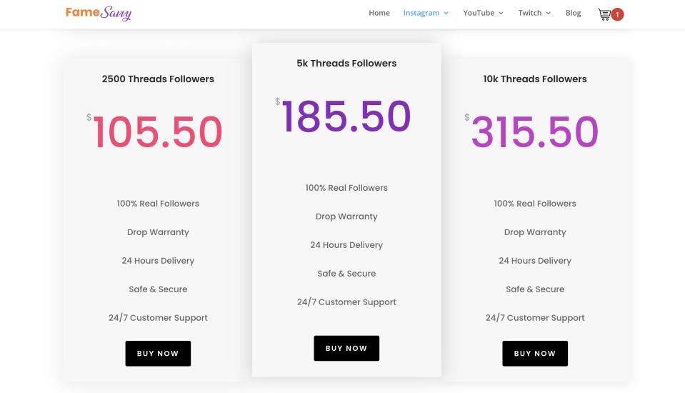 Screengrab of different prices for fake followers on Threads