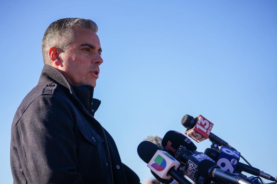 U.S. Rep. Juan Ciscomani speaks during a news conference in front of the U.S.-Mexico border south of Sierra Vista on Feb. 16, 2023, in Hereford.