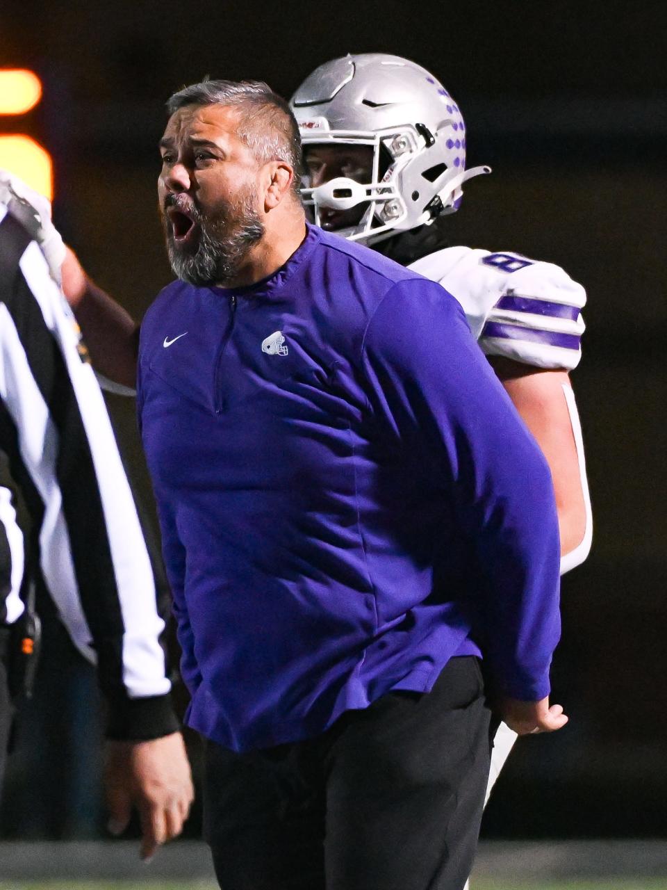 Bloomington South head coach Gabe Johnson reacts to failing to down a punt inside the 5-yard line during the IHSAA 5A semistate football game at Decatur Central on Friday, Nov. 17, 2023.