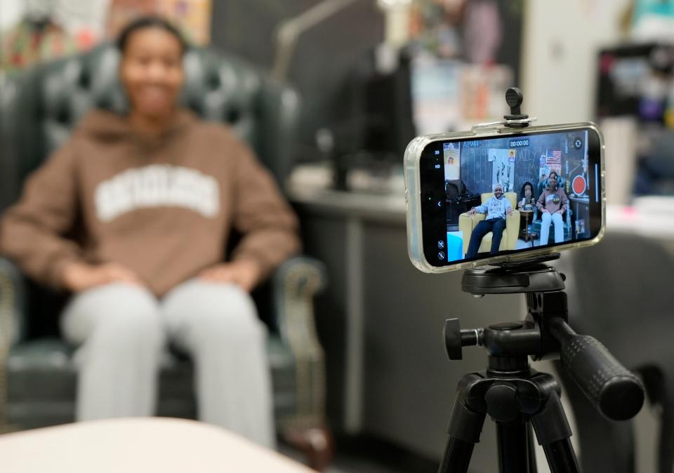 Jordan Smith, 17, records a video with fellow students for Black History Month on Feb. 22, 2024 at Westerville North High School.