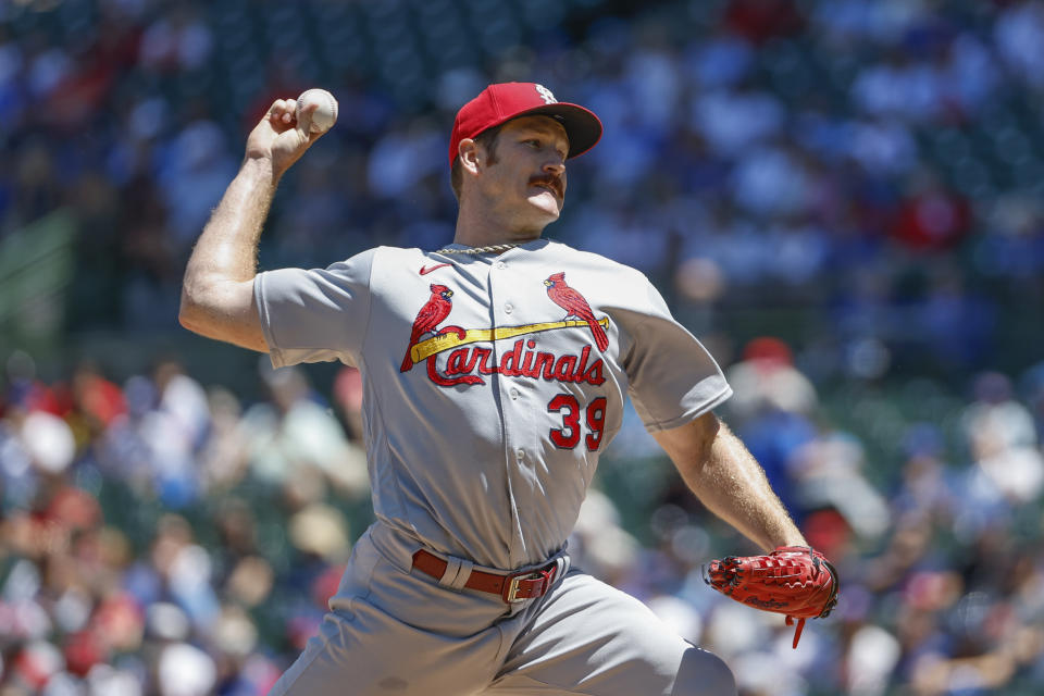 St. Louis Cardinals starting pitcher Miles Mikolas delivers against the Chicago Cubs during the first inning of a baseball game, Friday, June 3, 2022, in Chicago. (AP Photo/Kamil Krzaczynski)