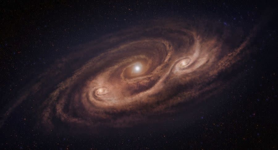 Representación de la galaxia AzTEC-1 mostrando sus tres núcleos | imagen ALMA (ESO/NAOJ/NRAO), Tadaki et al.