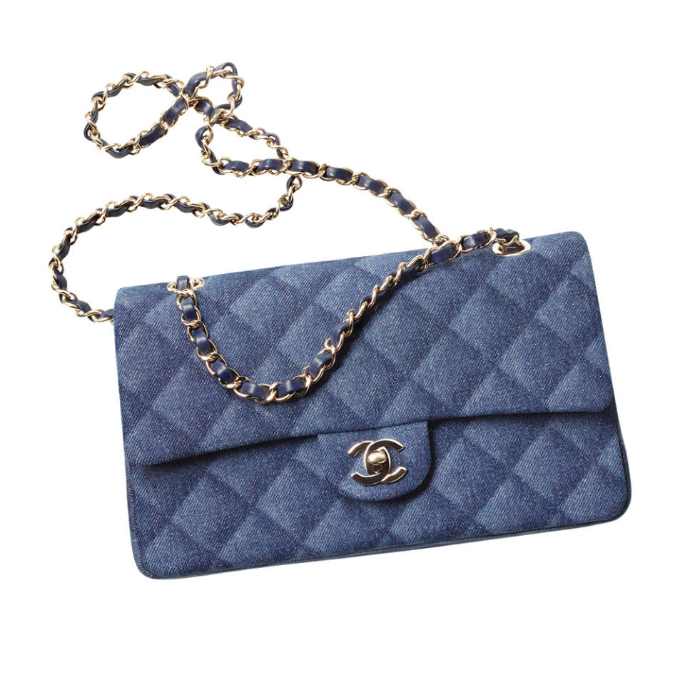 Chanel Fall’s denim-on-denim trend is highlighted in Chanel’s quilted dark blue denim and metal handbag, great for a night out at Horses in Hollywood; 7,900, at Chanel, Beverly Hills