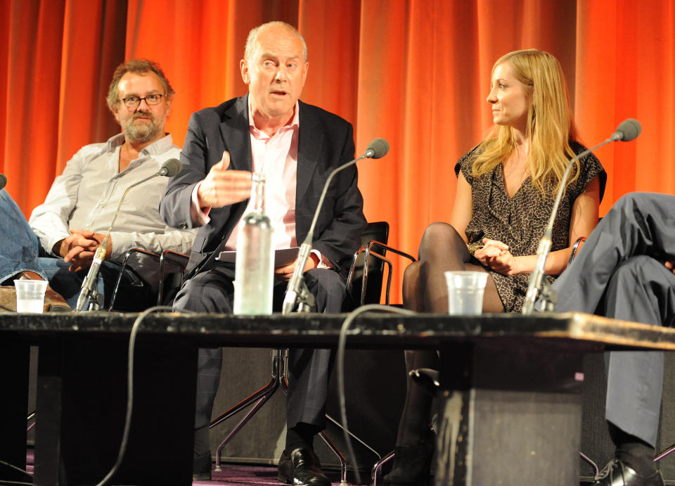 LONDON, UNITED KINGDOM - SEPTEMBER 21: Hugh Bonneville, Gyles Brandreth and Joanne Froggatt during Q&A following Screening of ITV'S Downton Abbey at BFI Southbank on September 21, 2010 in London, England. (Photo by Eamonn McCormack/Getty Images for BFI)