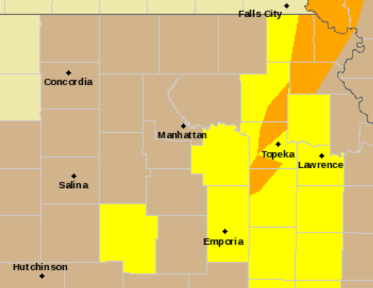 Areas under severe thunderstorm warnings were shown in brown in this graphic posted Tuesday morning on the website of the National Weather Service's Topeka office.