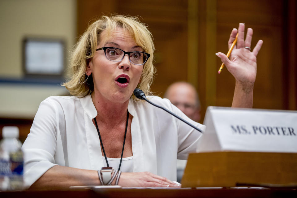 Vicki Porter testifies before a House Oversight subcommittee hearing on lung disease and e-cigarettes on Capitol Hill in Washington, Tuesday, Sept. 24, 2019. (AP Photo/Andrew Harnik)