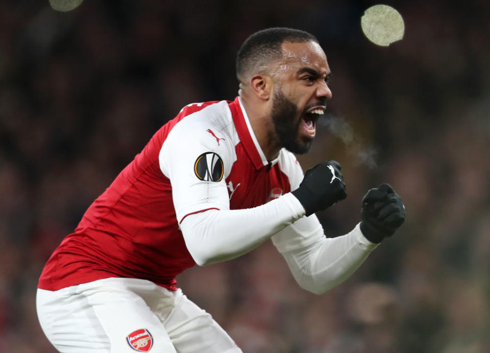 Alexandre Lacazette celebrates scoring the second goal from the penalty spot during the UEFA Europa League quarter final first leg match between Arsenal FC and CSKA Moskva at Emirates Stadium.