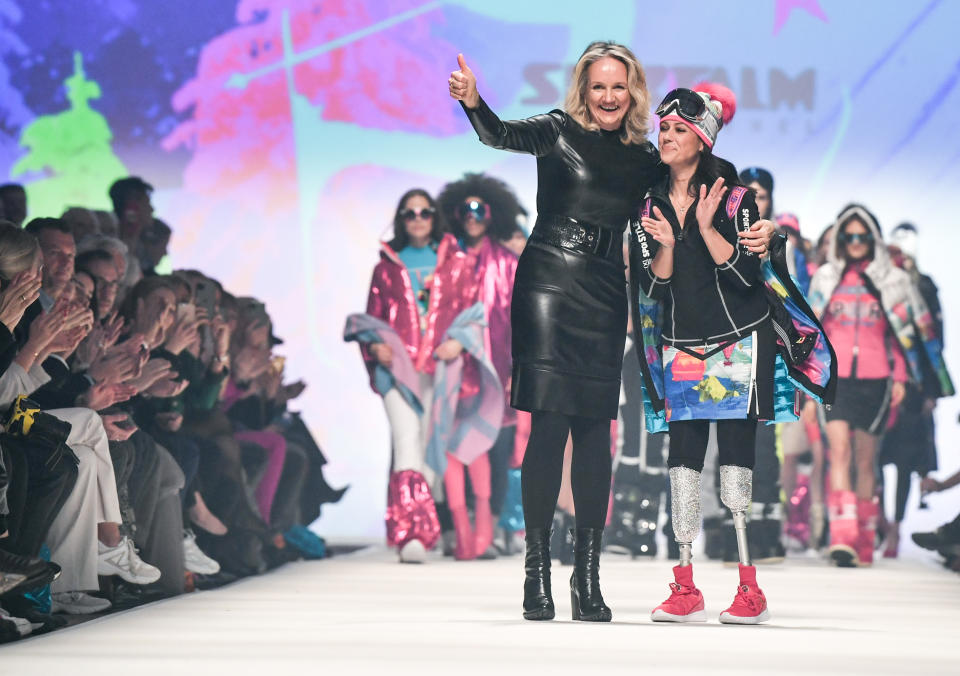 15 January 2020, Berlin: Ulli Ehrlich (l), Sportalm owner, and Giusy Versace, model, sportswoman and member of parliament from Italy, at the Mercedes-Benz Fashion Week Fashion after the show of the Sportalm Kitzbühel label at the power plant. Photo: Jens Kalaene/dpa-Zentralbild/dpa (Photo by Jens Kalaene/picture alliance via Getty Images)