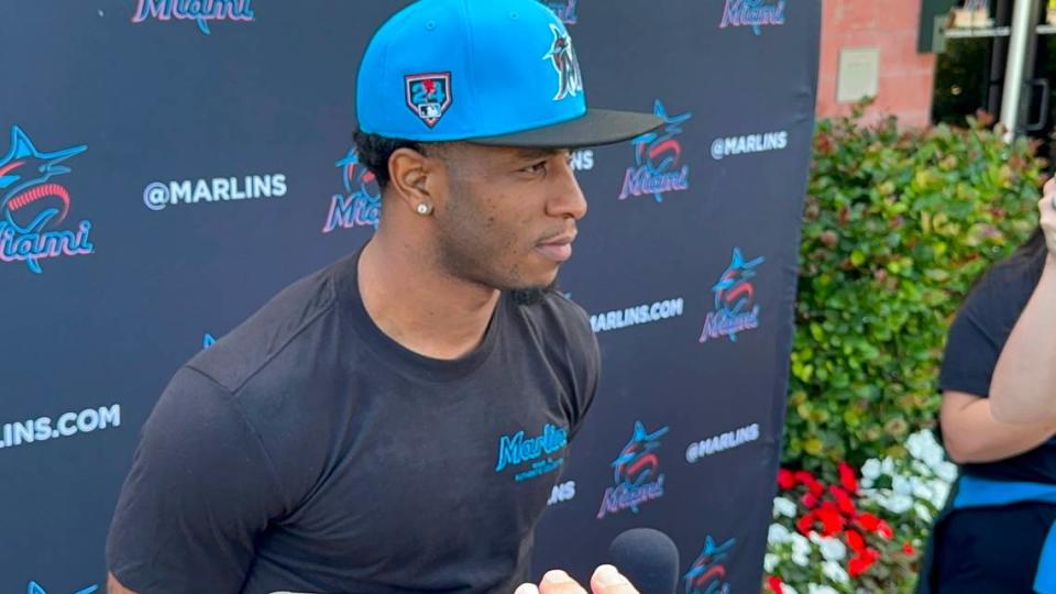 Shortstop Tim Anderson speaks to reporters on his first official day taking part in spring training with the Miami Marlins at Roger Dean Chevrolet Stadium in Jupiter, Fla. Andre Fernandez/afernandez@miamiherald.com