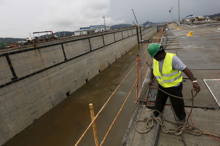 FILE PHOTO: An employee works on the new set of locks at the expansion project of the Panama Canal on the pacific side in Panama City November 17, 2015. REUTERS/Carlos Jasso/File Photo