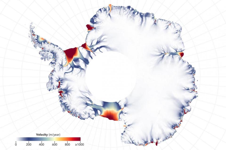 NASA map of ice velocity across the whole Antarctic. The Totten Glacier is the area of red in the east (right hand side). Ice melt is much faster in the west. (PA)