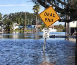 Houses are inundated by floodwaters on Mullet Lake Park Road on Wednesday, Oct. 5, 2022, in Geneva, Fla., as the St. Johns River continues to rise, following historic levels of rainfall from Hurricane Ian last week. (Joe Burbank/Orlando Sentinel via AP)