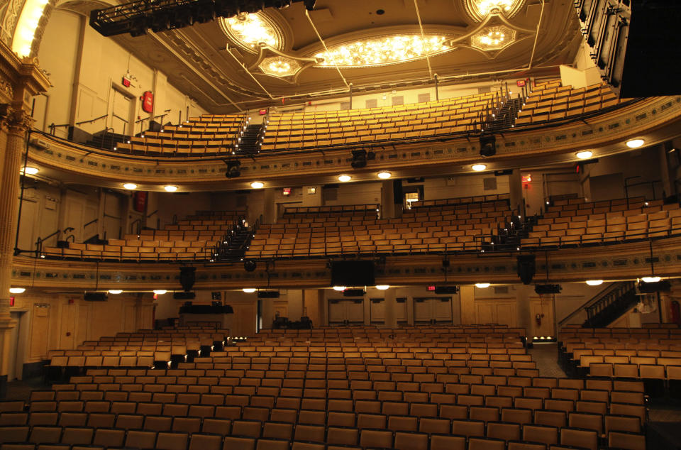 This Oct. 29, 2019 photo shows the interior of the 961-seat Hudson Theatre on West 44th Street in New York. The Hudson was built by theater producer Henry Harris, who later perished aboard the Titanic, and opened in 1903. (AP Photo/Mark Kennedy)