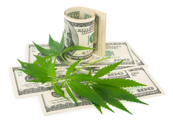 Marijuana leaves on top of and next to $100 bills