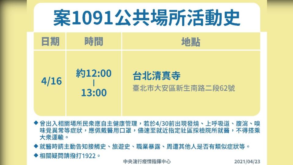 案1091公共場所活動史。（圖／中央流行疫情指揮中心提供）